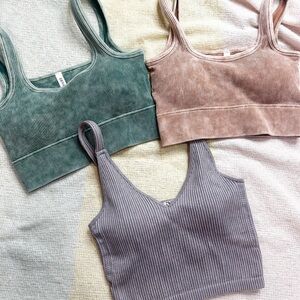 Crop Top Bundle Padded Brami Crop Tops Ribbed Set in Green, Brown, and Gray